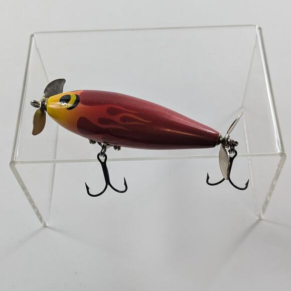 Unmarked Wooden Fishing Lure 4" Painted Red Yellow Hotrod Flames Tackle - Picture 1 of 7